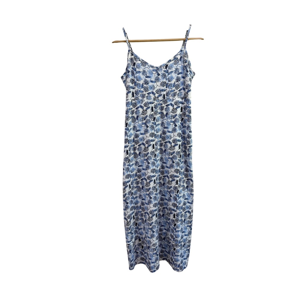 Market & Spruce Blue Floral Midi Dress Petite Medium Smocked Back Side Pockets